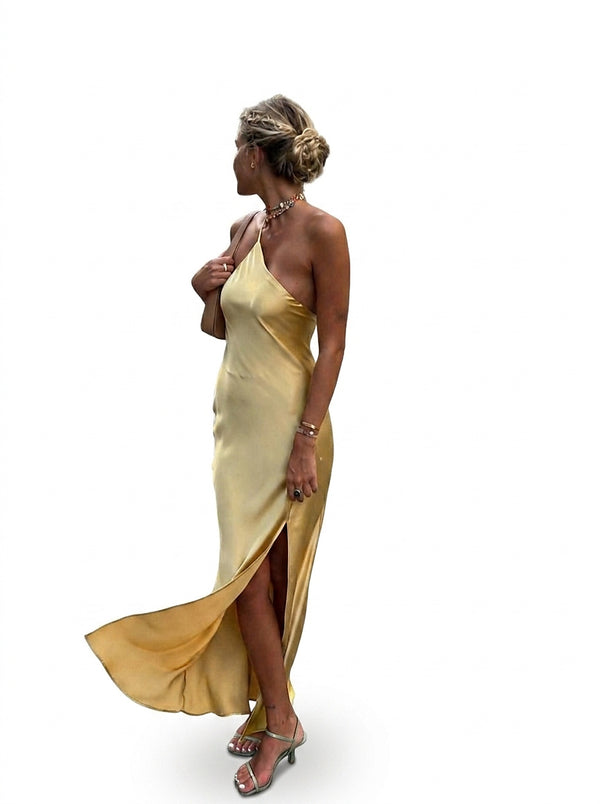 Damska satynowa sukienka maxi na jedno ramię z rozcięciem-Maxi Dress-Olave