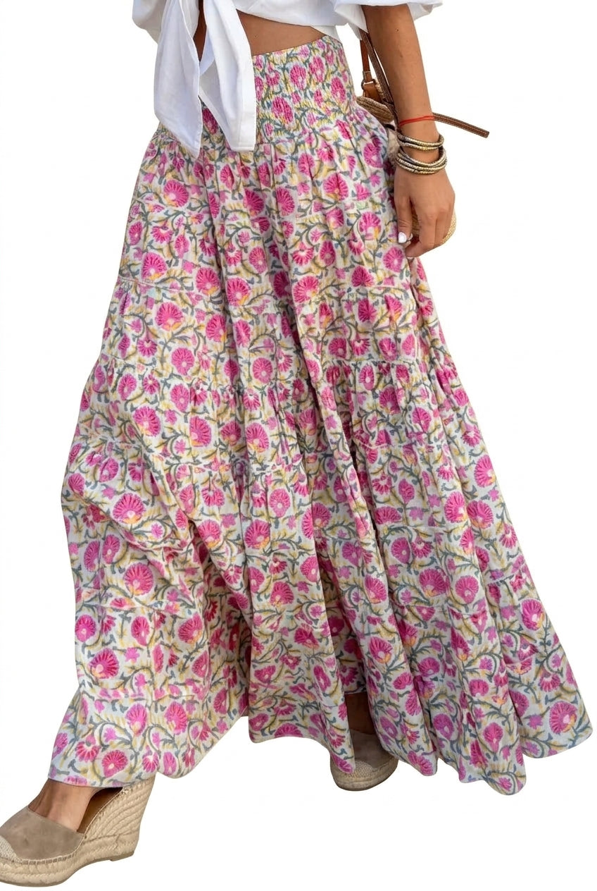 Damska spódnica maxi z elastycznym pasem i wzorem-Skirt for women-Olave