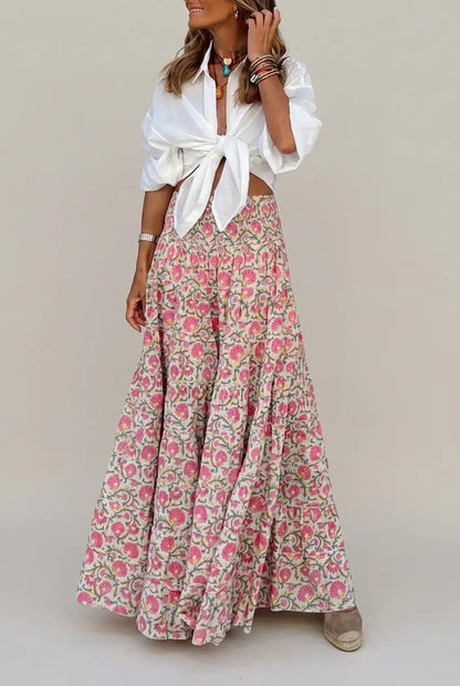 Damska spódnica maxi z elastycznym pasem i wzorem-Skirt for women-Olave