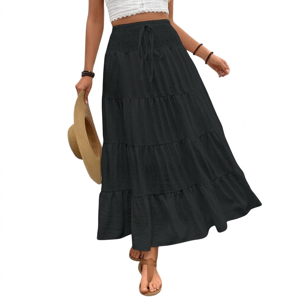 Damska spódnica maxi z falbanami i wiązaniem w pasie-Skirt for women-Olave