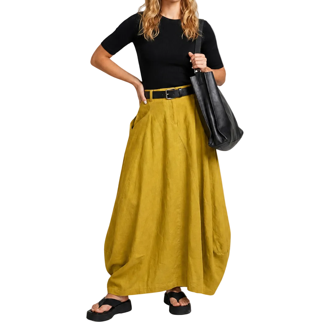 Damska spódnica maxi z wysokim stanem, szlufkami i kieszeniami bocznymi-Skirt for women-Olave