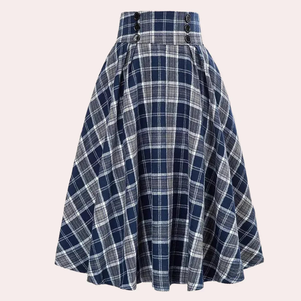Damska spódnica midi w kratę z wysokim stanem i guzikami-Skirt for women-Olave