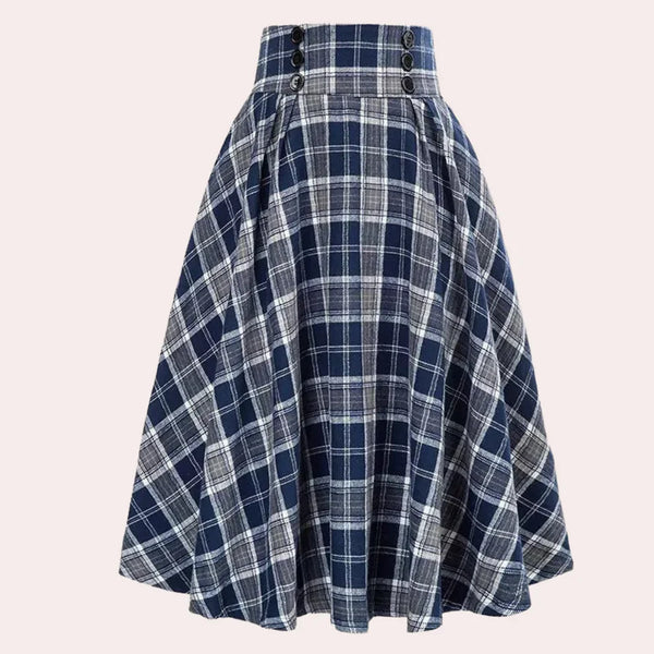 Damska spódnica midi w kratę z wysokim stanem i guzikami-Skirt for women-Olave