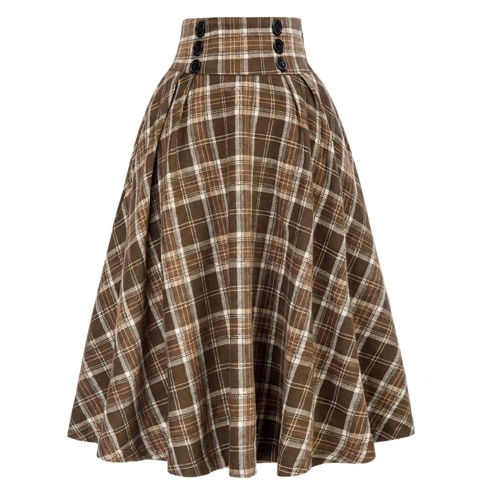 Damska spódnica midi w kratę z wysokim stanem i guzikami-Skirt for women-Olave