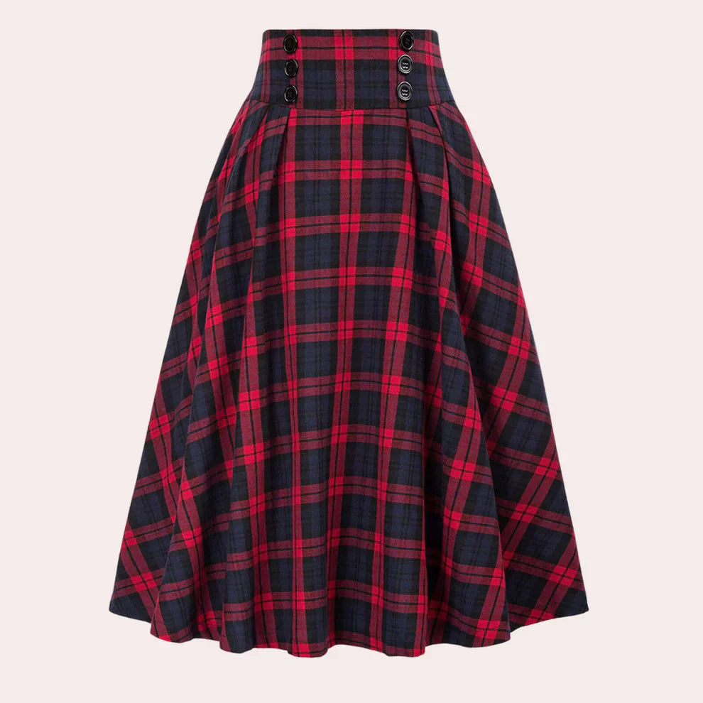 Damska spódnica midi w kratę z wysokim stanem i guzikami-Skirt for women-Olave