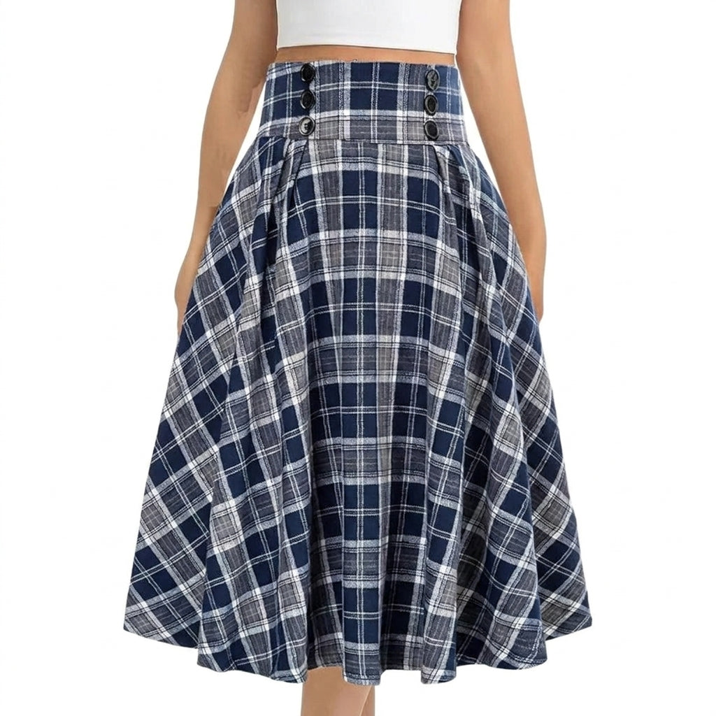 Damska spódnica midi w kratę z wysokim stanem i guzikami-Skirt for women-Olave