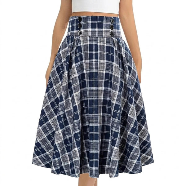 Damska spódnica midi w kratę z wysokim stanem i guzikami-Skirt for women-Olave