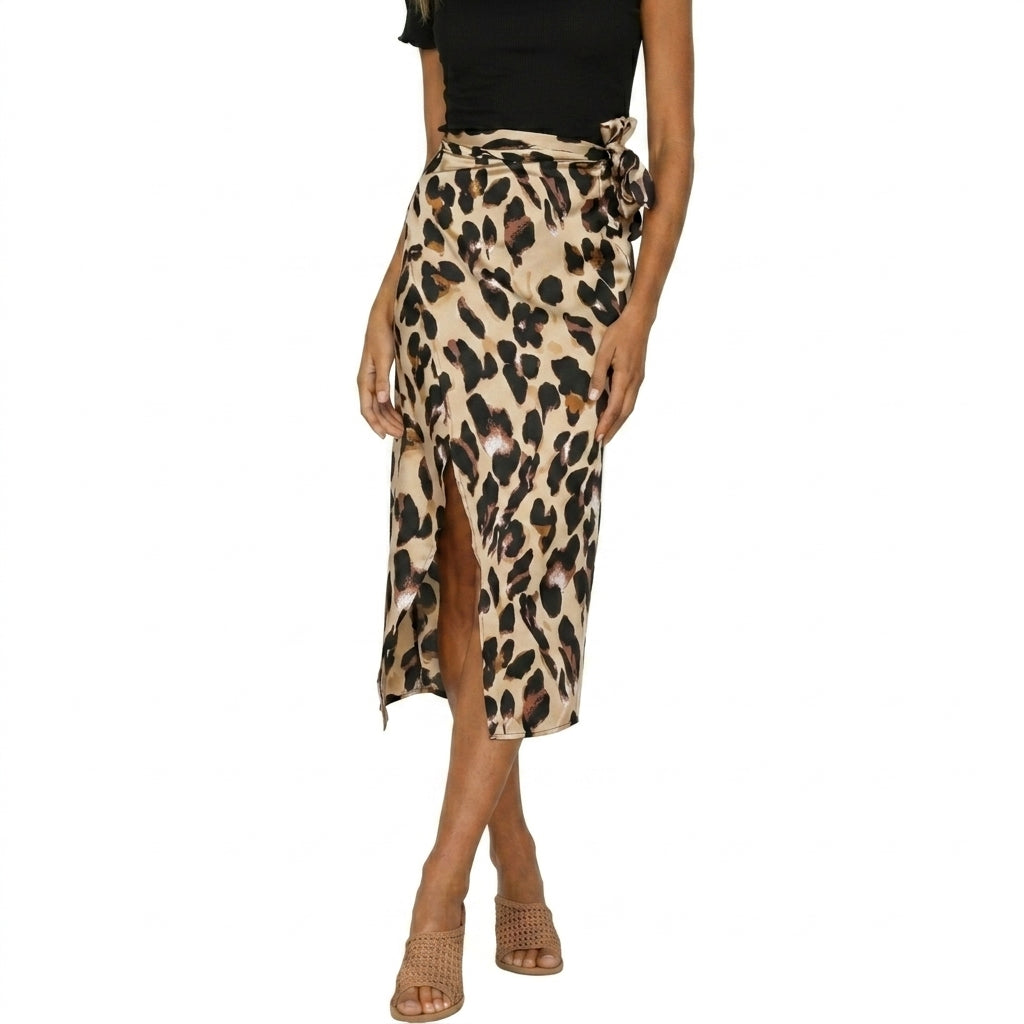 Damska spódnica midi w panterkę z kopertowym wiązaniem i rozcięciem-Skirt for women-Olave