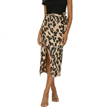 Damska spódnica midi w panterkę z kopertowym wiązaniem i rozcięciem-Skirt for women-Olave