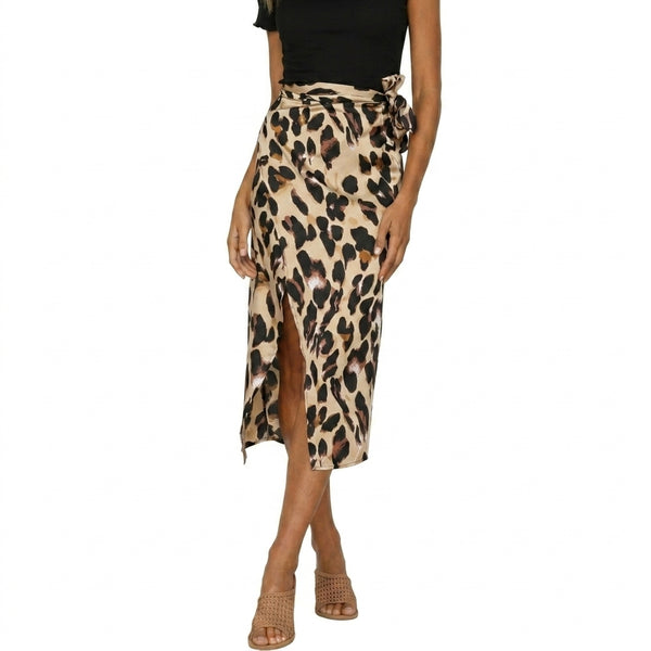 Damska spódnica midi w panterkę z kopertowym wiązaniem i rozcięciem-Skirt for women-Olave