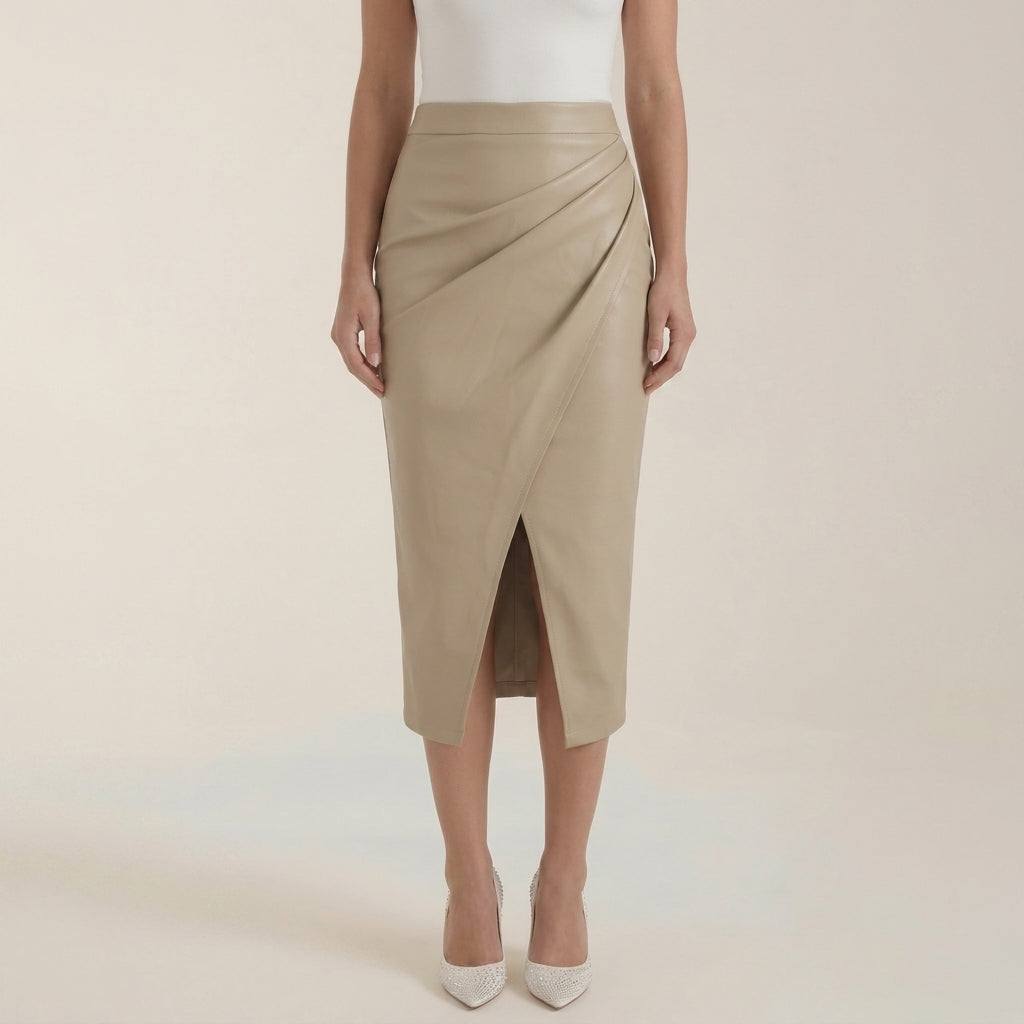 Damska spódnica midi z drapowaniem i rozcięciem-Skirt for women-Olave