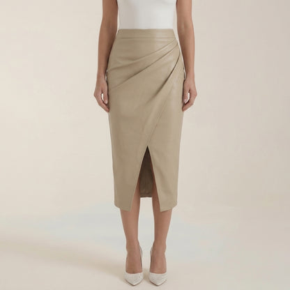 Damska spódnica midi z drapowaniem i rozcięciem-Skirt for women-Olave