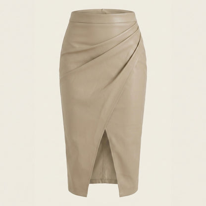 Damska spódnica midi z drapowaniem i rozcięciem-Skirt for women-Olave