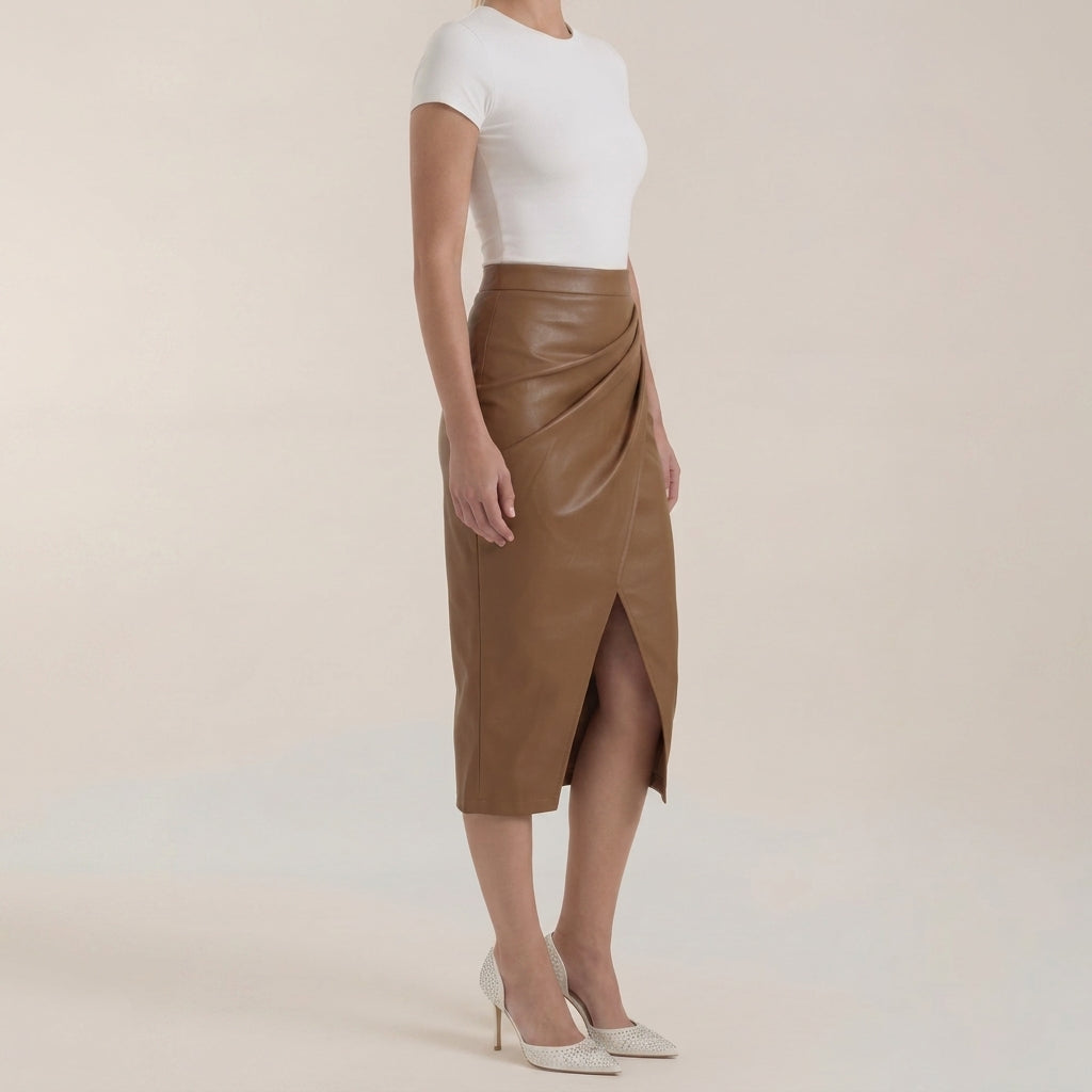 Damska spódnica midi z drapowaniem i rozcięciem-Skirt for women-Olave
