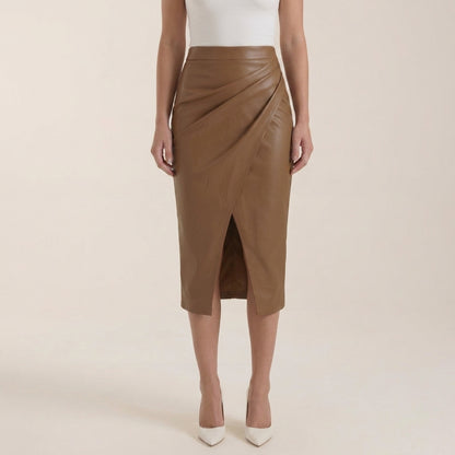 Damska spódnica midi z drapowaniem i rozcięciem-Skirt for women-Olave