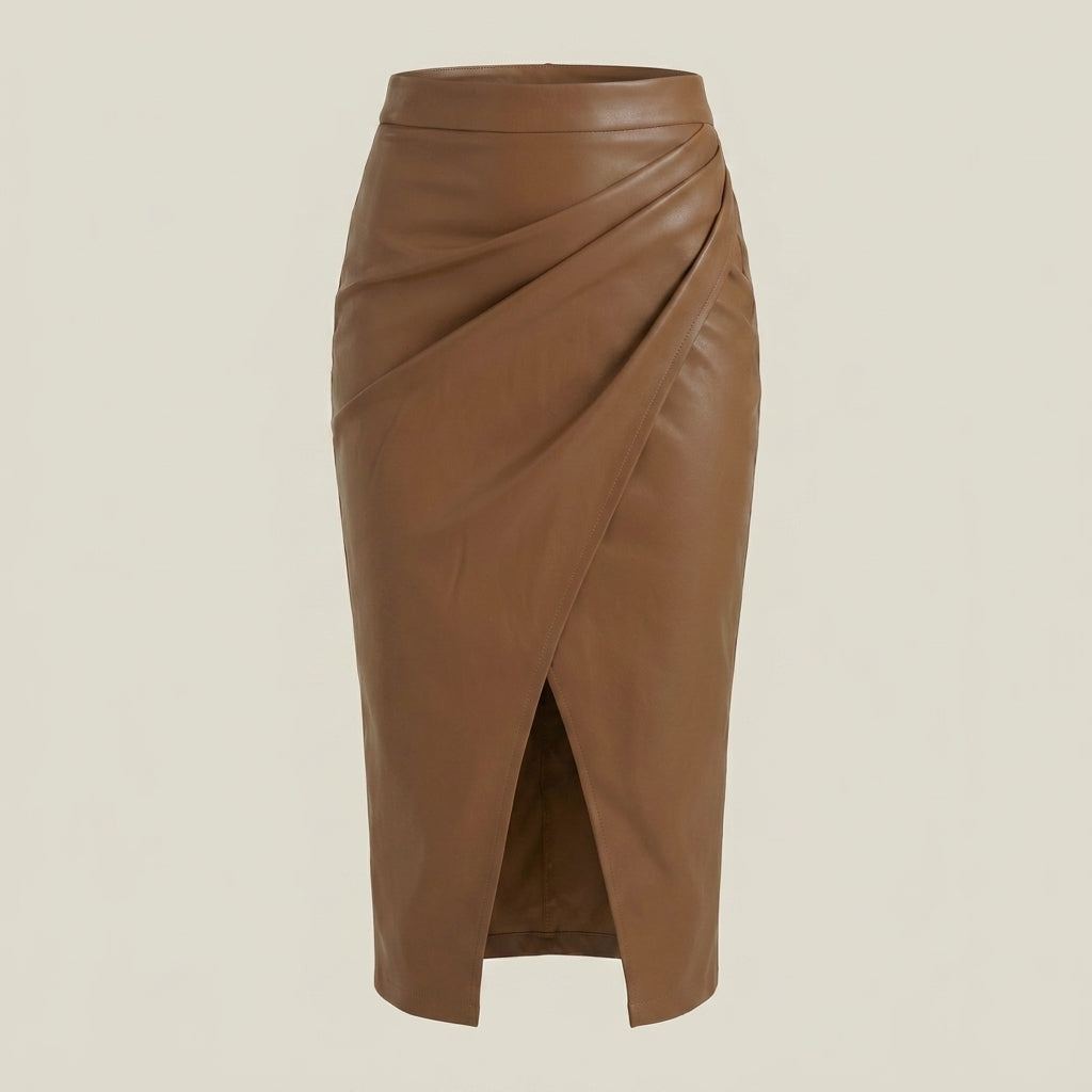 Damska spódnica midi z drapowaniem i rozcięciem-Skirt for women-Olave