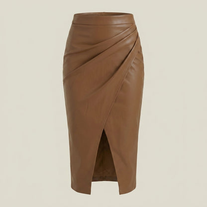 Damska spódnica midi z drapowaniem i rozcięciem-Skirt for women-Olave