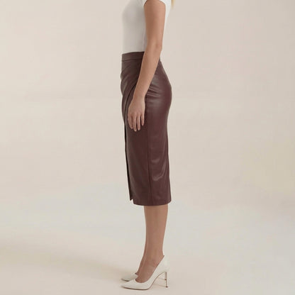 Damska spódnica midi z drapowaniem i rozcięciem-Skirt for women-Olave