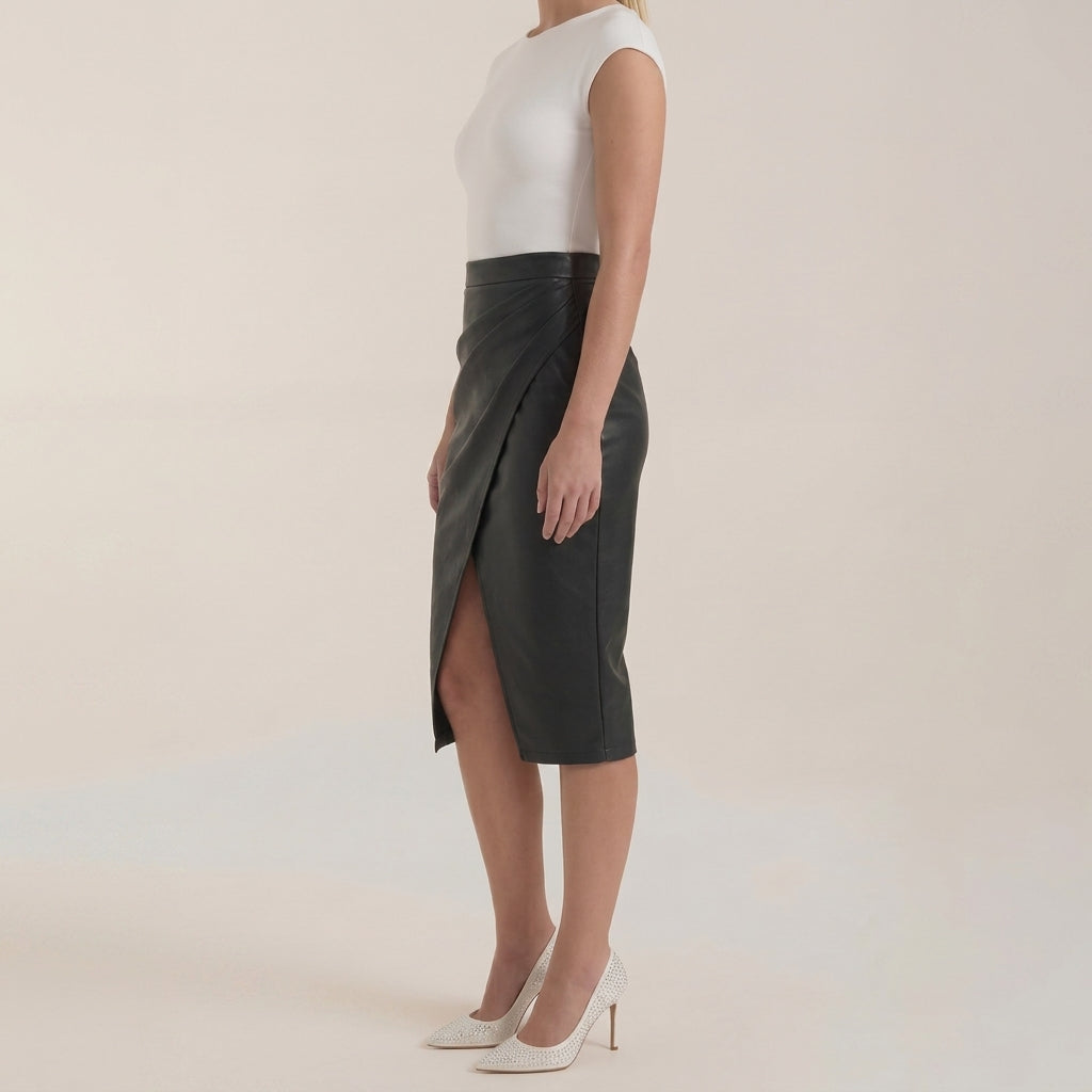 Damska spódnica midi z drapowaniem i rozcięciem-Skirt for women-Olave