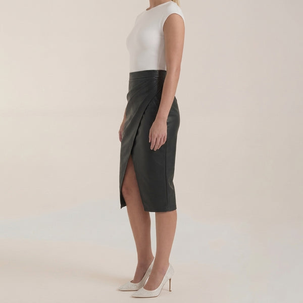 Damska spódnica midi z drapowaniem i rozcięciem-Skirt for women-Olave