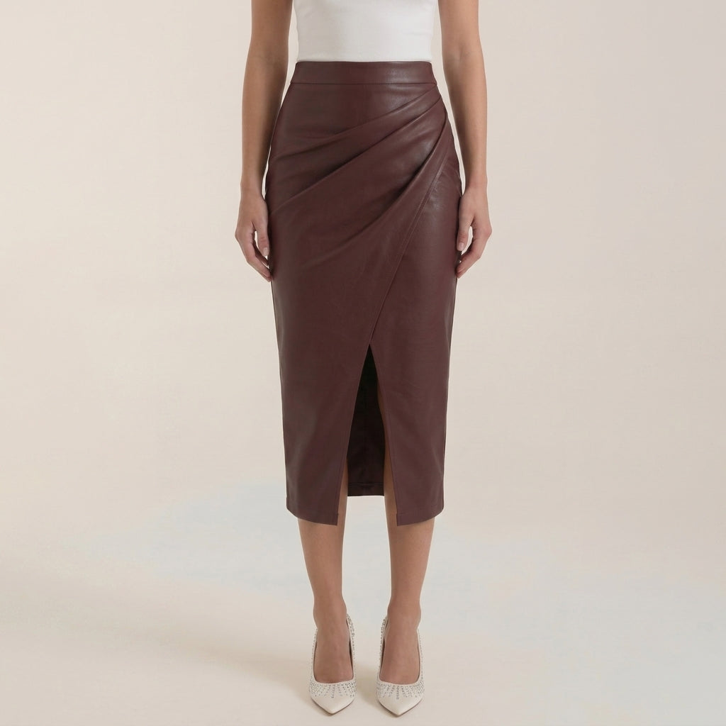Damska spódnica midi z drapowaniem i rozcięciem-Skirt for women-Olave