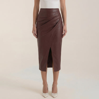 Damska spódnica midi z drapowaniem i rozcięciem-Skirt for women-Olave