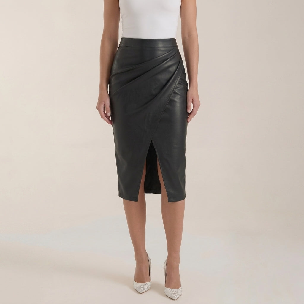 Damska spódnica midi z drapowaniem i rozcięciem-Skirt for women-Olave