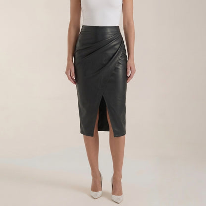 Damska spódnica midi z drapowaniem i rozcięciem-Skirt for women-Olave