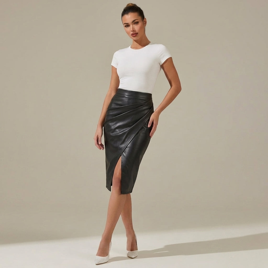 Damska spódnica midi z drapowaniem i rozcięciem-Skirt for women-Olave