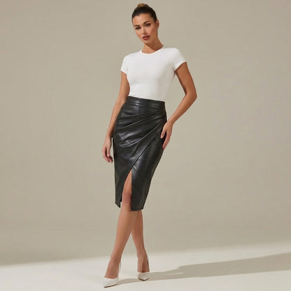 Damska spódnica midi z drapowaniem i rozcięciem-Skirt for women-Olave