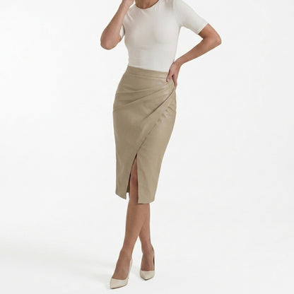 Damska spódnica midi z drapowaniem i rozcięciem-Skirt for women-Olave