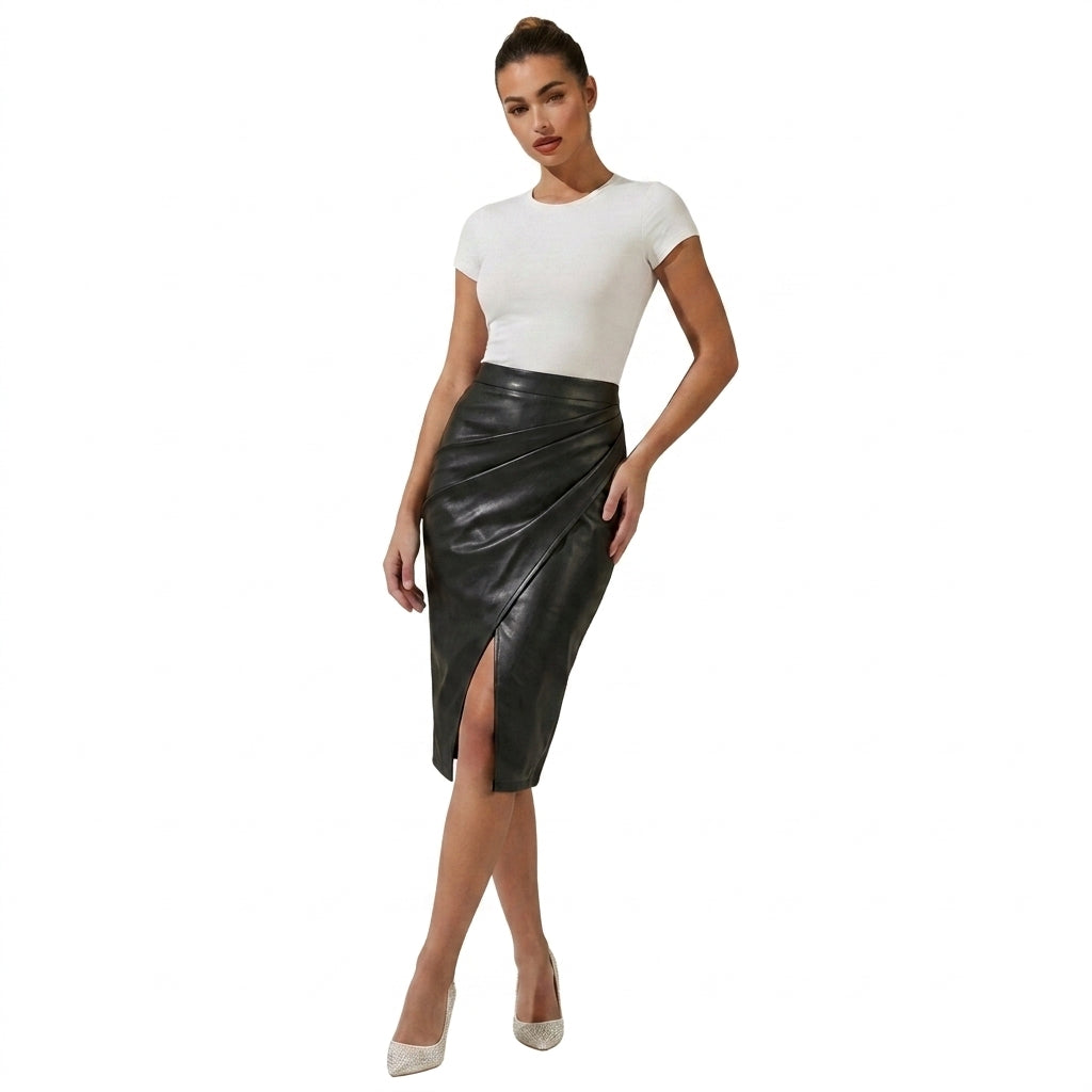 Damska spódnica midi z drapowaniem i rozcięciem-Skirt for women-Olave