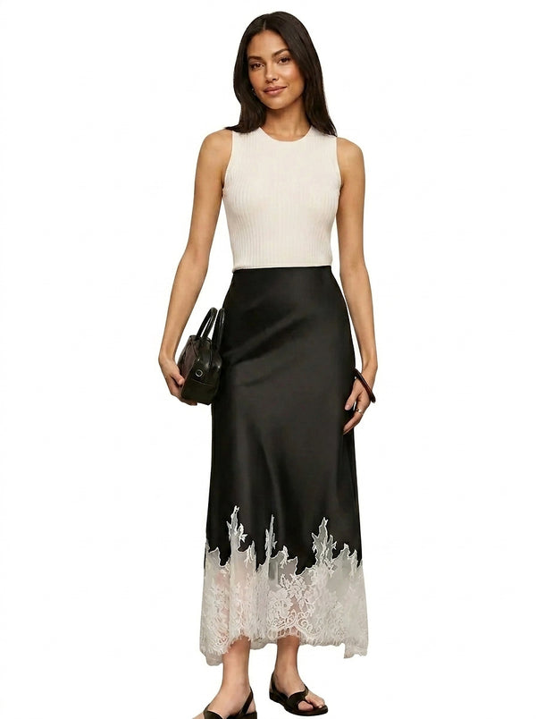 Damska spódnica midi z satyny z koronkowym wykończeniem-Skirt for women-Olave