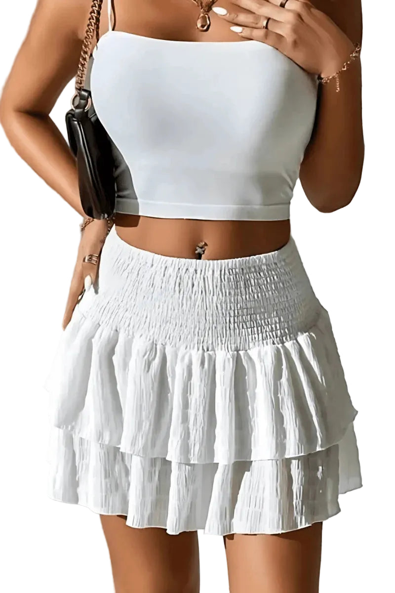 Damska Spódnica Mini z Warstwową Konstrukcją i Elastycznym Pasem-Skirt for women-Olave
