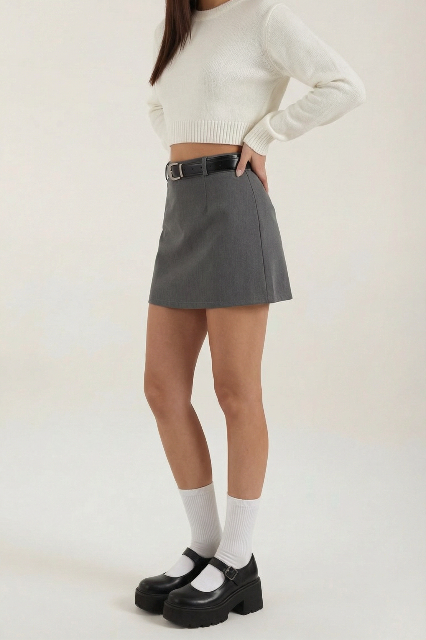 Damska spódnica mini z wysokim stanem, szlufkami i prostym dołem-Skirt for women-Olave