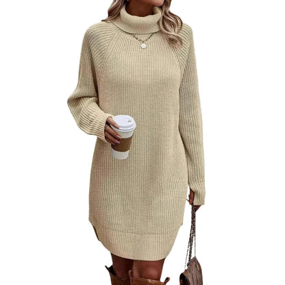 Damska sukienka dzianinowa z golfem i ściągaczem-Mini Dress-Olave