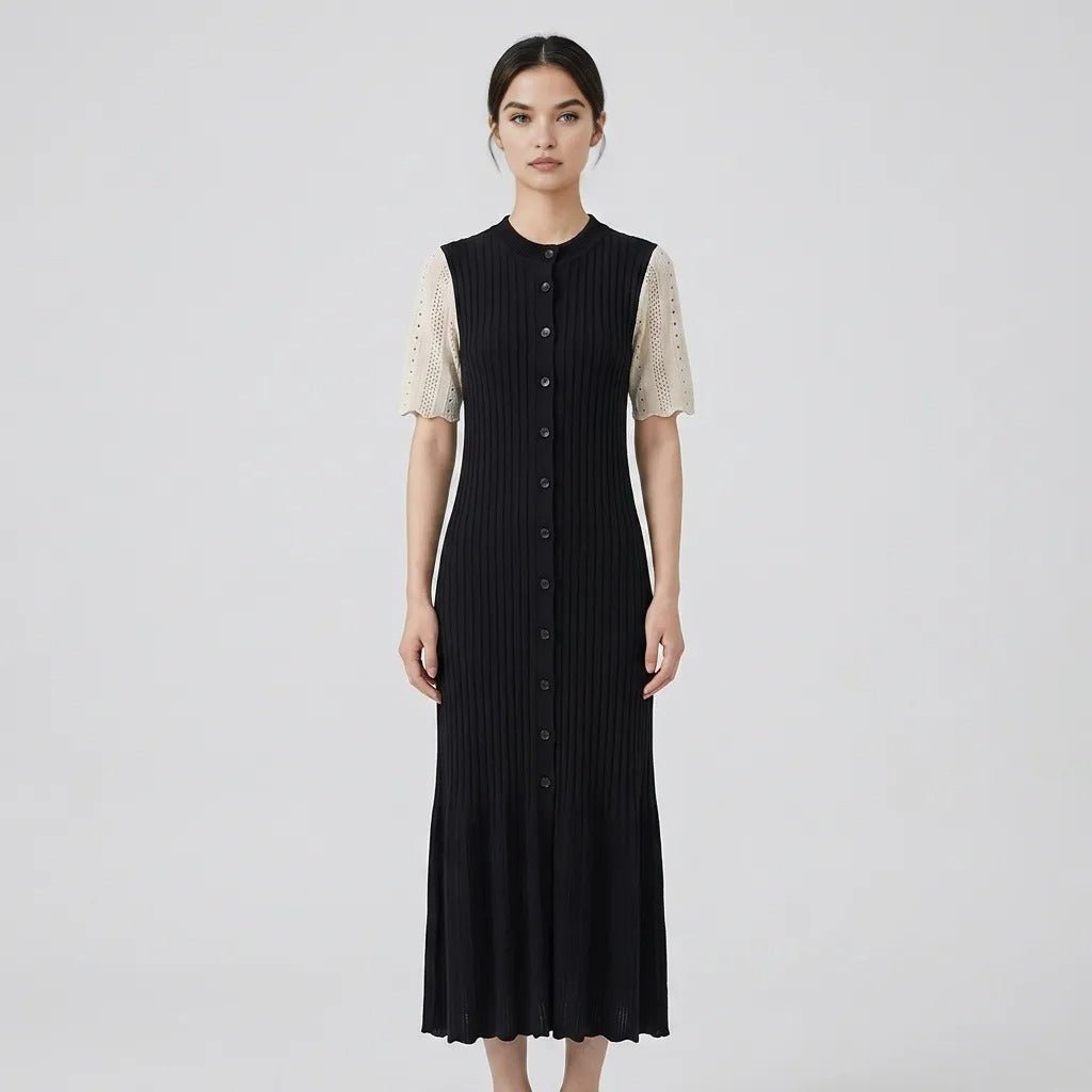 Damska sukienka dzianinowa z kołnierzem i listwą guzikową-Midi Dress-Olave