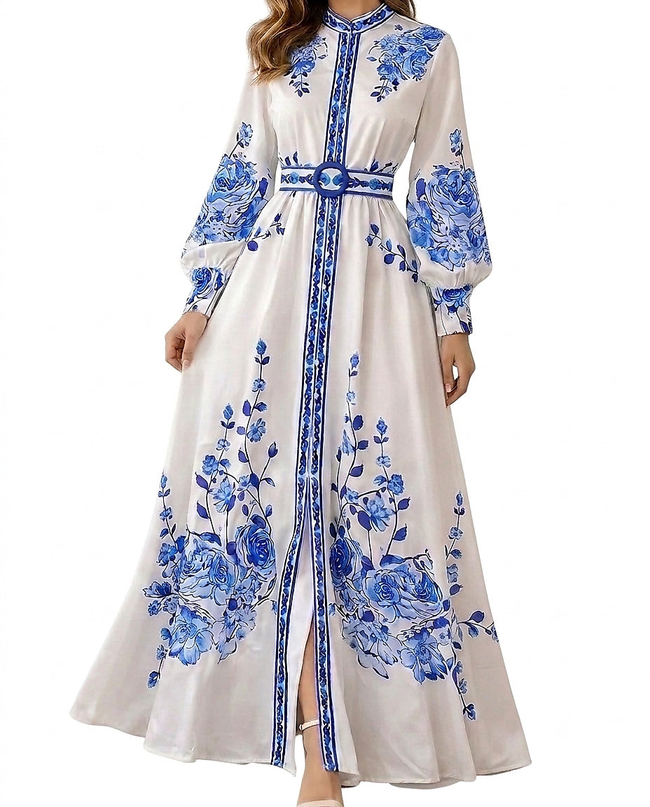 Damska sukienka koszulowa maxi w kwiaty-Maxi Dress-Olave