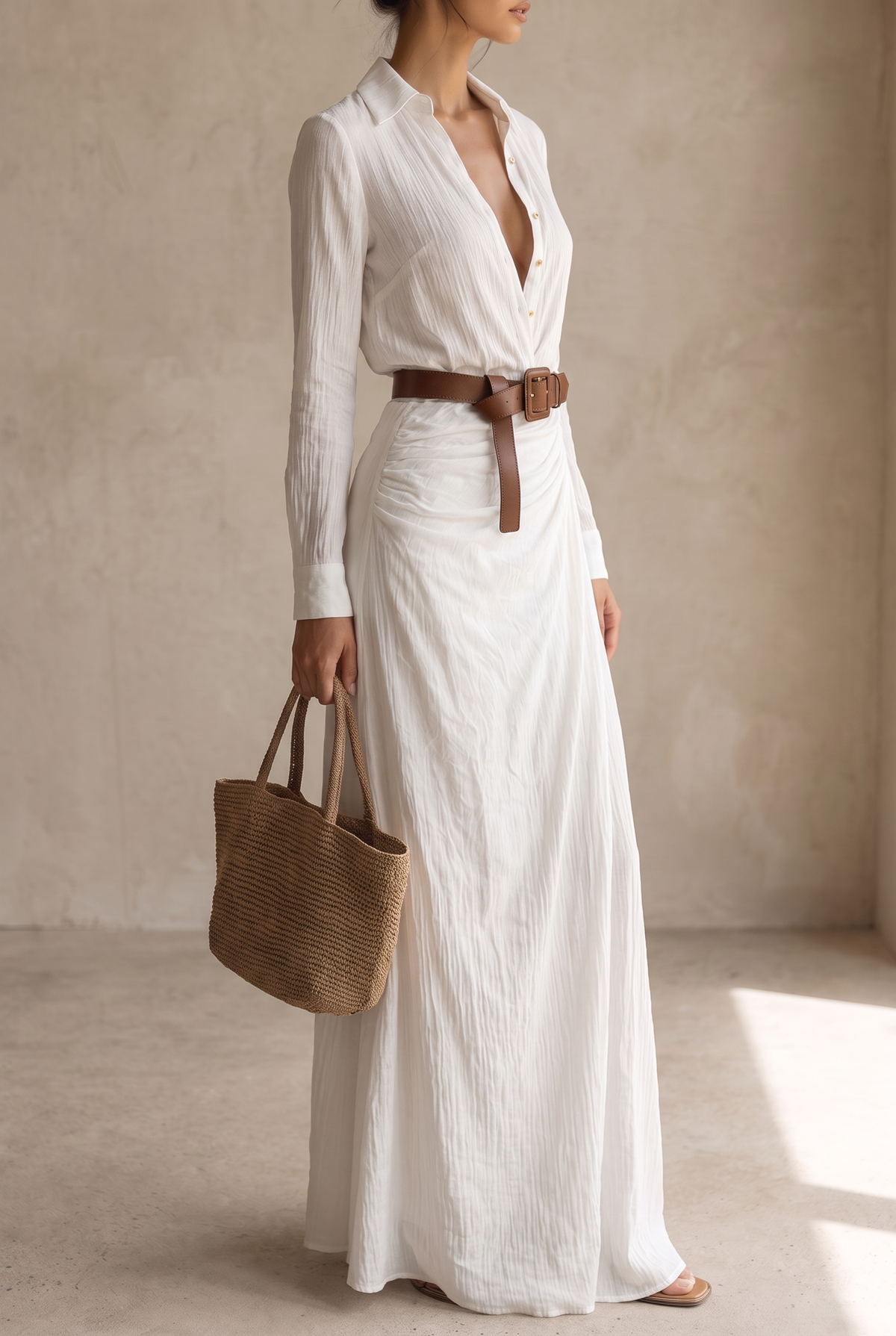 Damska sukienka koszulowa maxi z kołnierzykiem i długim rękawem-Maxi Dress-Olave