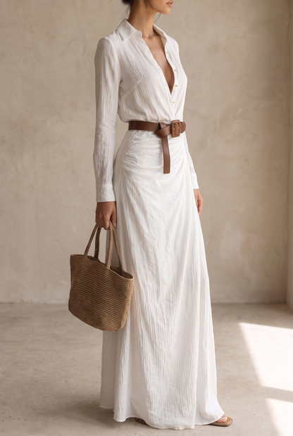 Damska sukienka koszulowa maxi z kołnierzykiem i długim rękawem-Maxi Dress-Olave