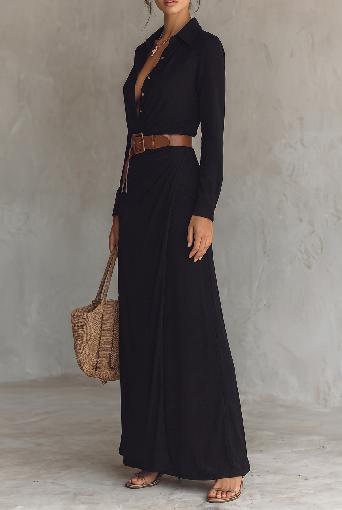 Damska sukienka koszulowa maxi z kołnierzykiem i długim rękawem-Maxi Dress-Olave