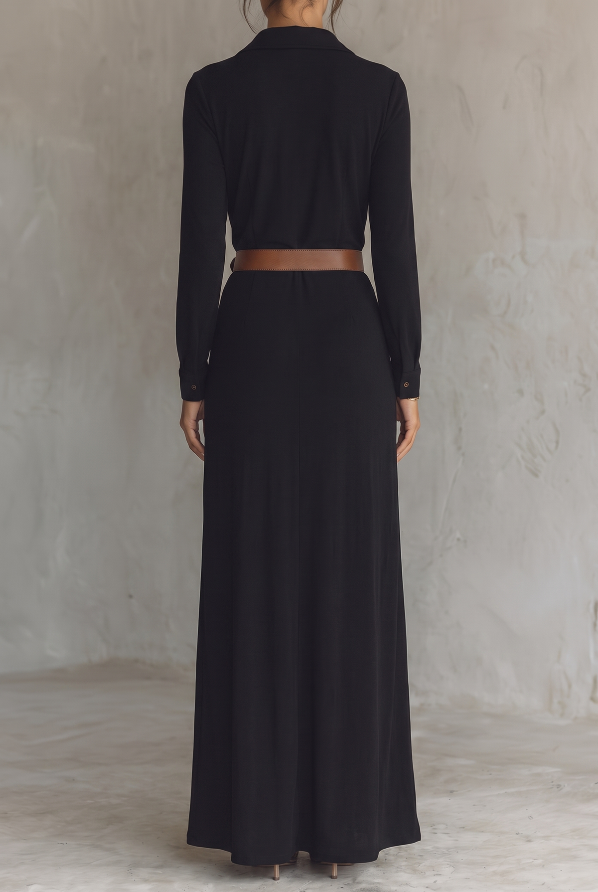 Damska sukienka koszulowa maxi z kołnierzykiem i długim rękawem-Maxi Dress-Olave