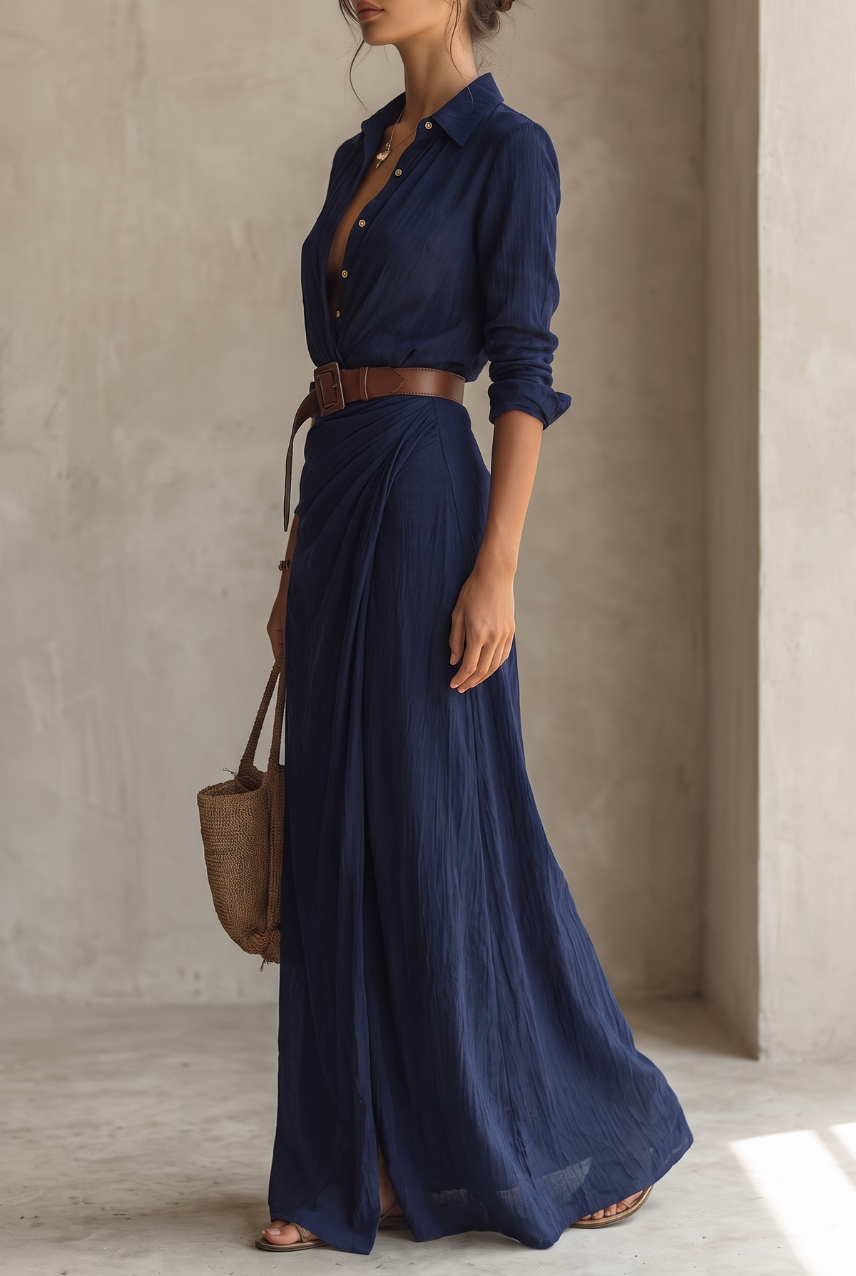 Damska sukienka koszulowa maxi z kołnierzykiem i długim rękawem-Maxi Dress-Olave