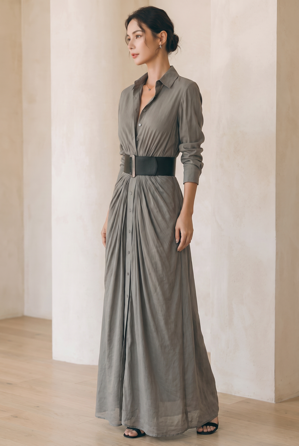 Damska sukienka koszulowa maxi z kołnierzykiem i długim rękawem-Maxi Dress-Olave