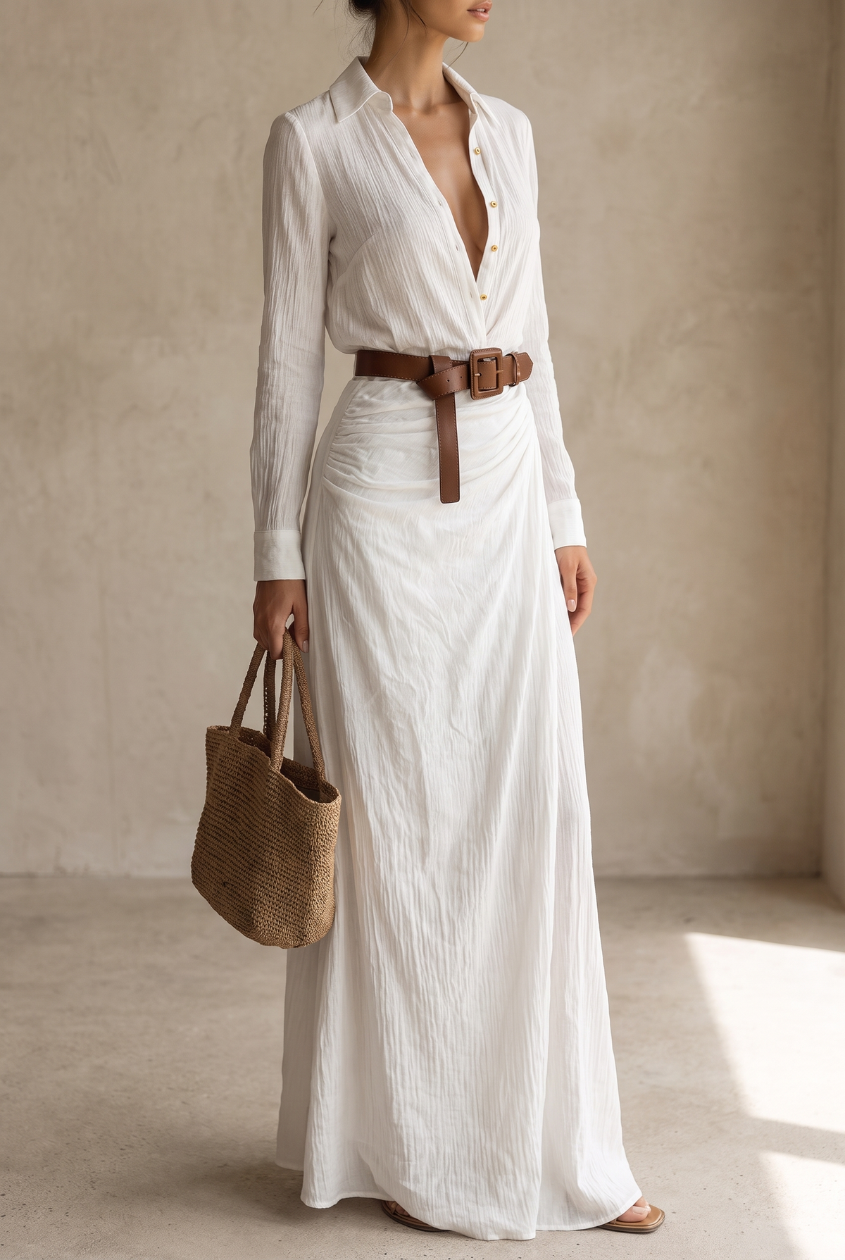 Damska sukienka koszulowa maxi z kołnierzykiem i długim rękawem-Maxi Dress-Olave