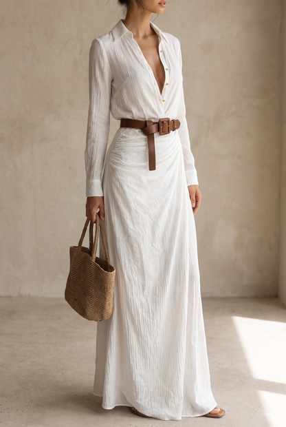 Damska sukienka koszulowa maxi z kołnierzykiem i długim rękawem-Maxi Dress-Olave