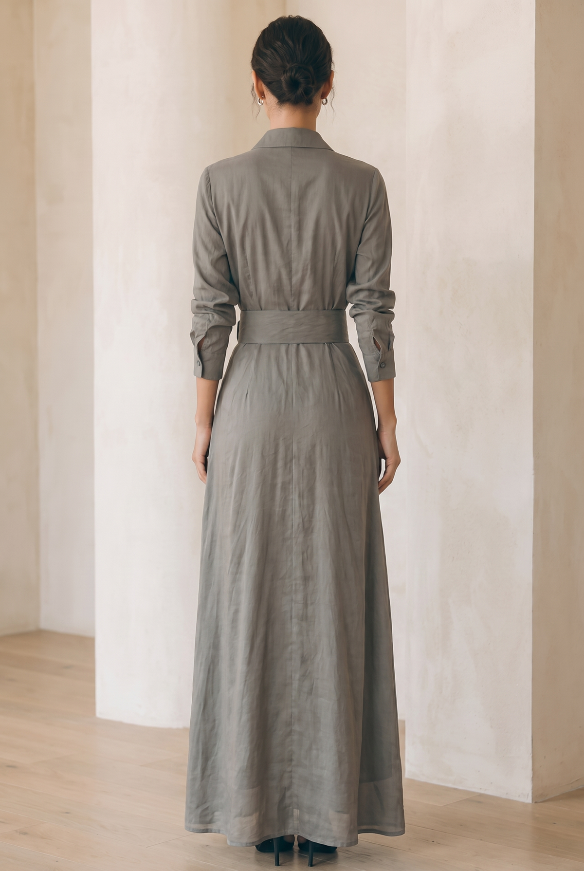 Damska sukienka koszulowa maxi z kołnierzykiem i długim rękawem-Maxi Dress-Olave