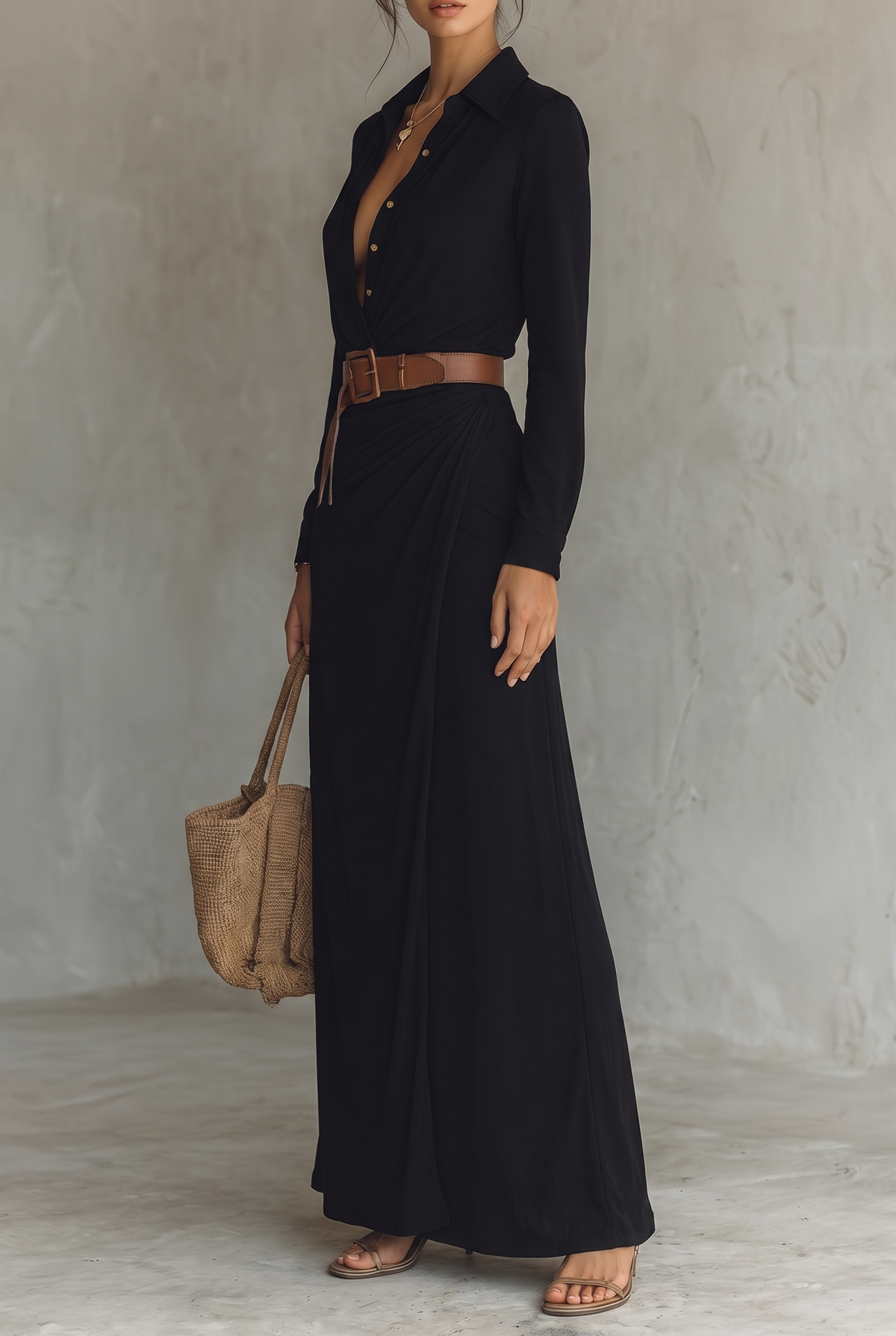 Damska sukienka koszulowa maxi z kołnierzykiem i długim rękawem-Maxi Dress-Olave