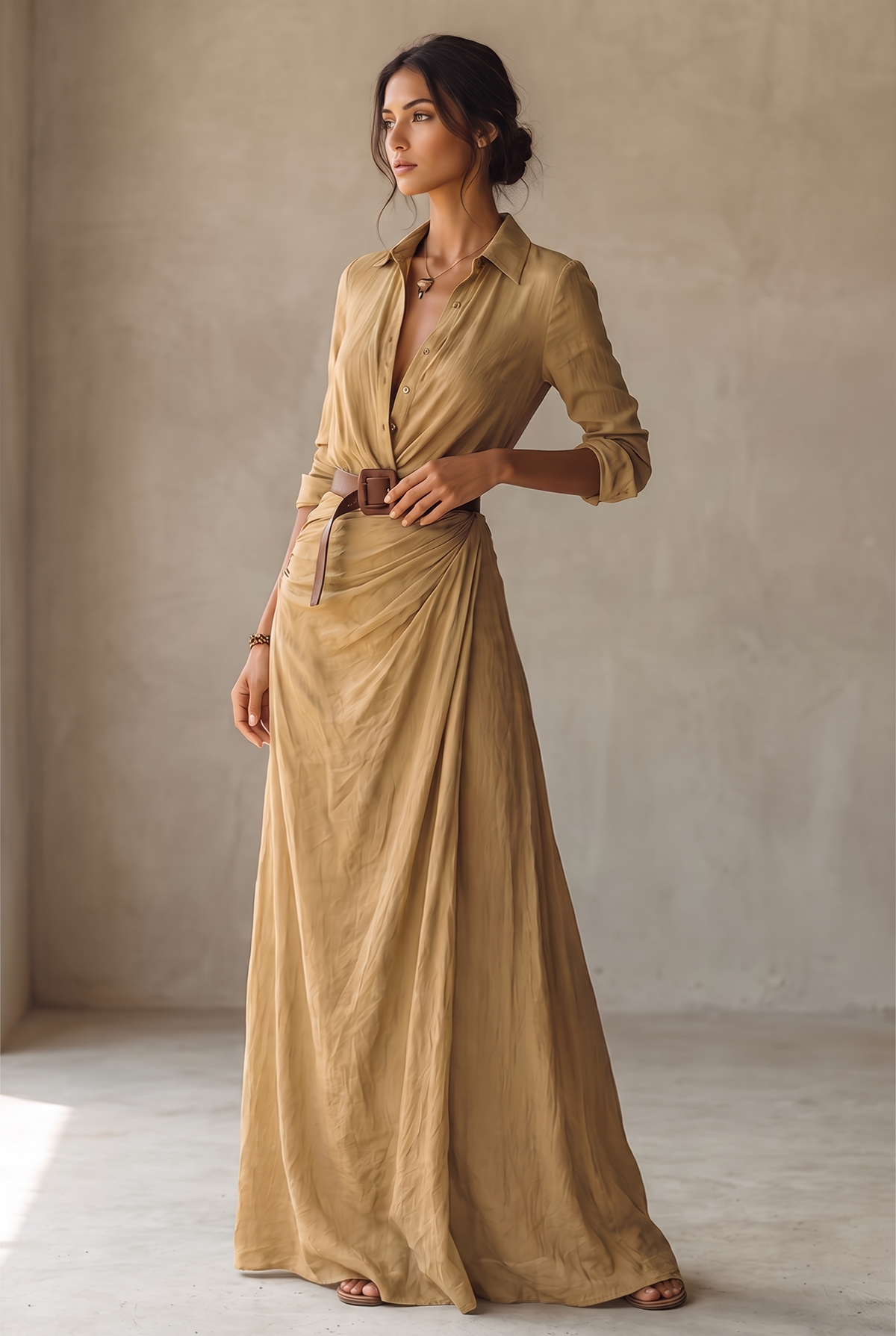 Damska sukienka koszulowa maxi z kołnierzykiem i długim rękawem-Maxi Dress-Olave