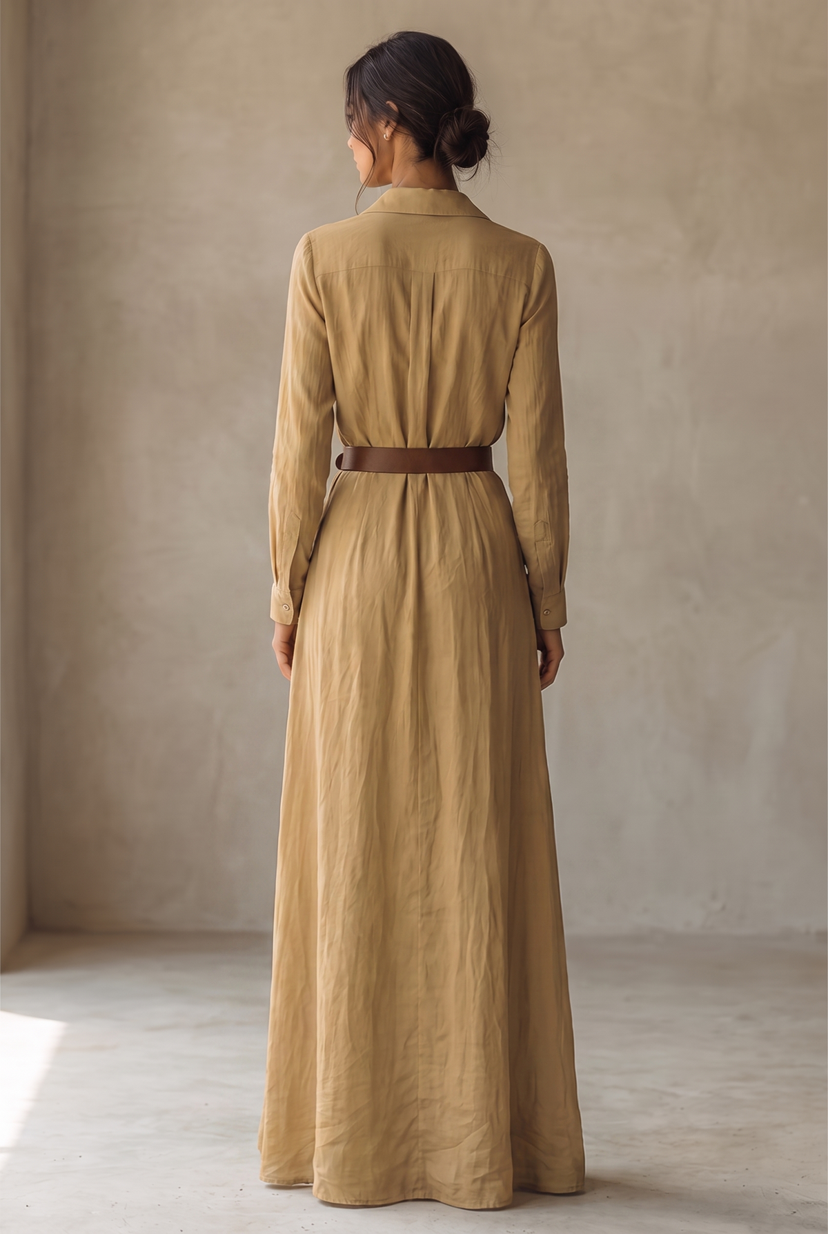 Damska sukienka koszulowa maxi z kołnierzykiem i długim rękawem-Maxi Dress-Olave